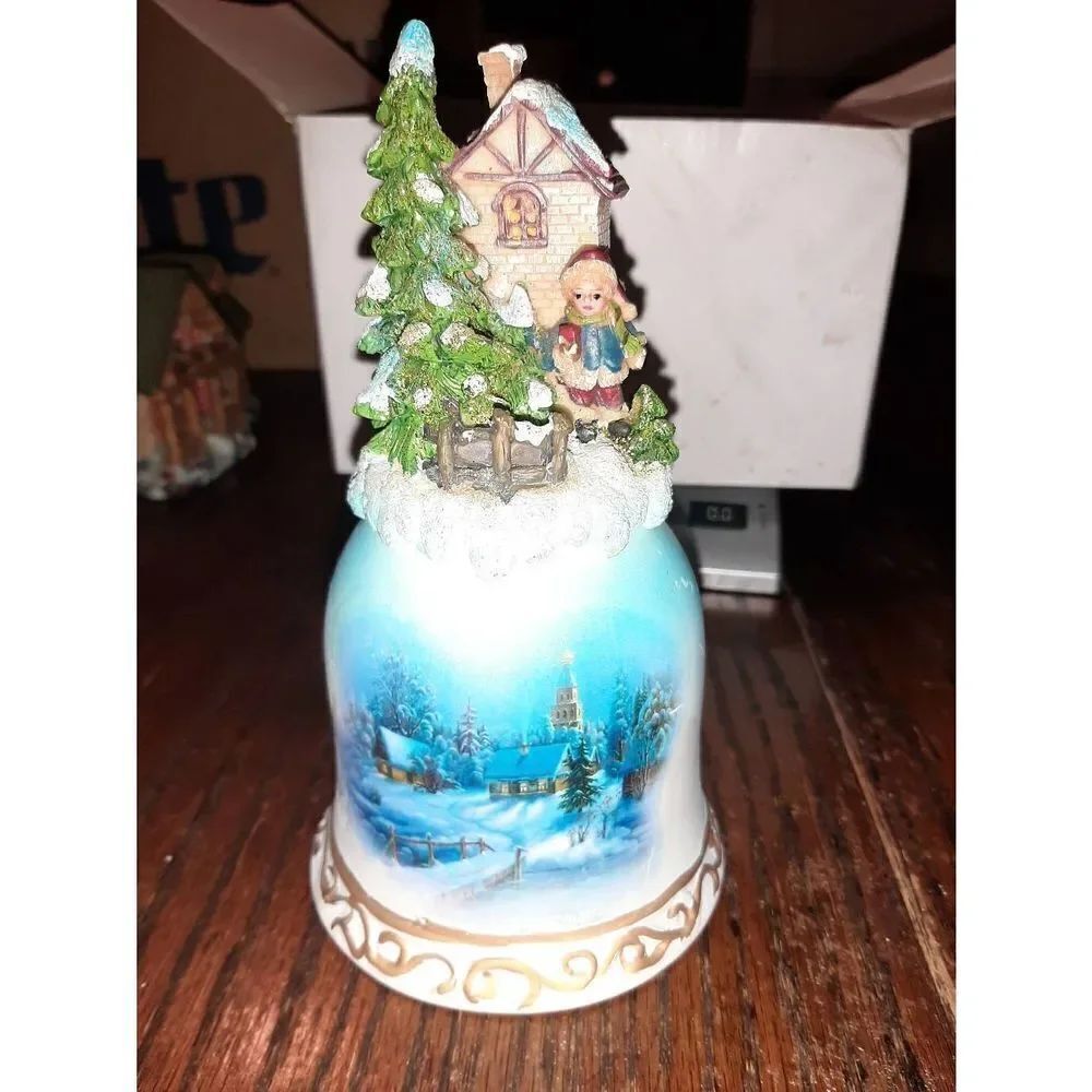 TranspacβChristmas Holiday Winter Bell Ceramic Resin Snowy House ChurchβScene